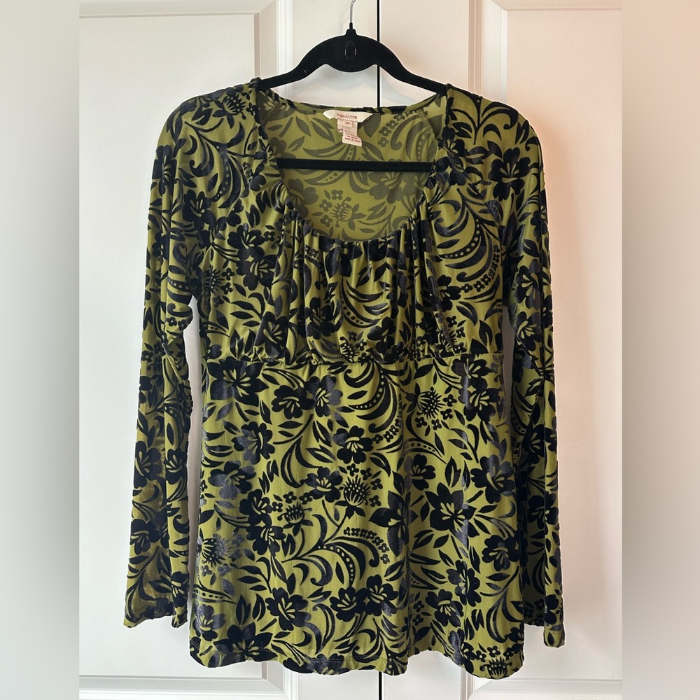 Sundance Blouse Olive Green Black Burnout Velvet Scoop Neck Flowy (Size M)
